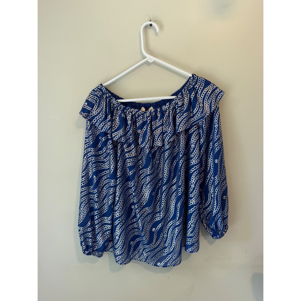 Michael Kors Royal Blue Silver Metallic Chain Link Off Shoulder Ruffle Blouse‎ M